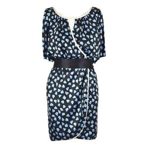 MARC JACOBS Black Blue Hearts 100% Silk Faux Wrap Mini Dress Size 10 A000415